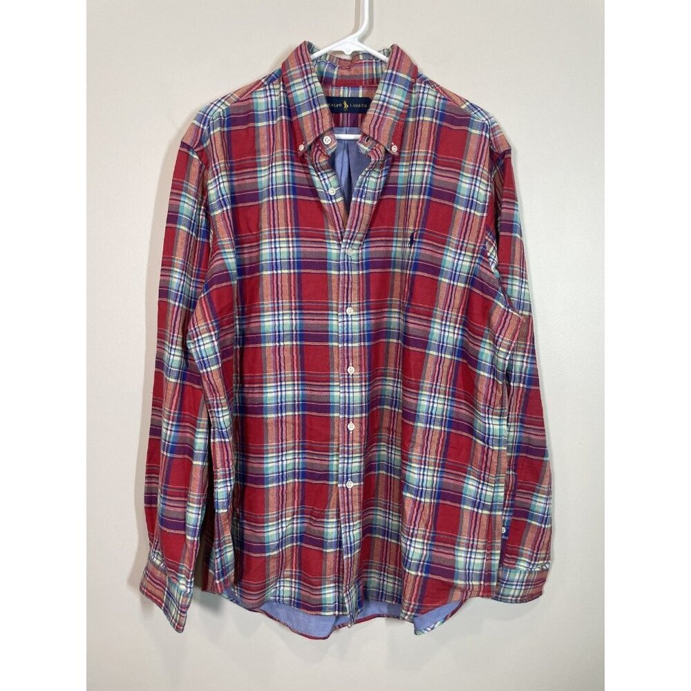 Ralph Lauren Plaid Flannel Shirt Men's XL Red Blue Cotton Button Down Thick